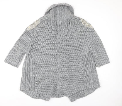Zara Women's Grey Open Front Cardigan Size 12 with Beaded Accents
