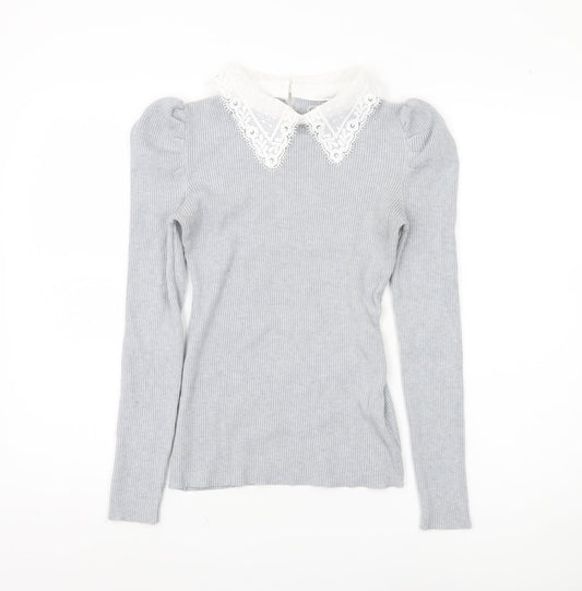 Oasis Women's Grey Pullover Jumper, M, Lace Collar