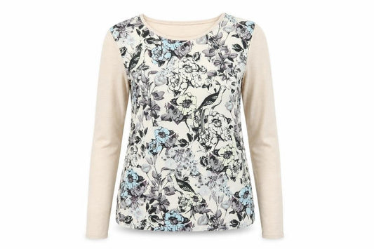 Front view of Warehouse Women's Beige Floral jumper S