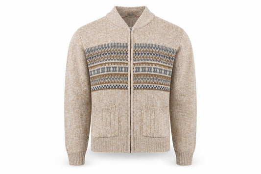 Front view of TOOTAL Men's Beige Full Zip Jumper, size S, Collared