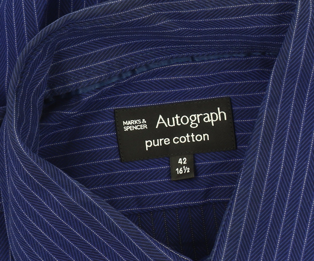 Marks & Spencer Men's Blue Striped Shirt, 16.5, Button-Up