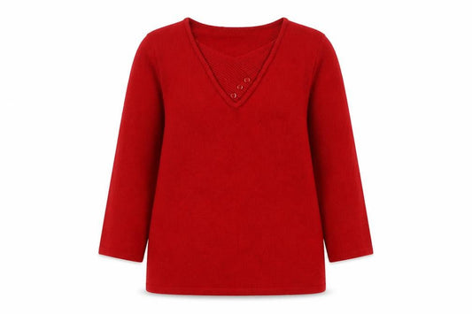 Front view of Paramour Women's Red V-Neck 3/4 Sleeve Pullover