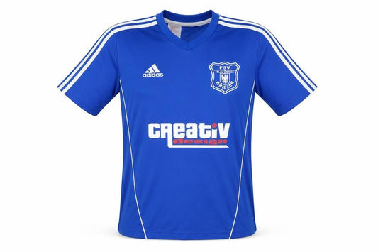Front view of Adidas boys’ blue football jersey t-shirt, size 13-14