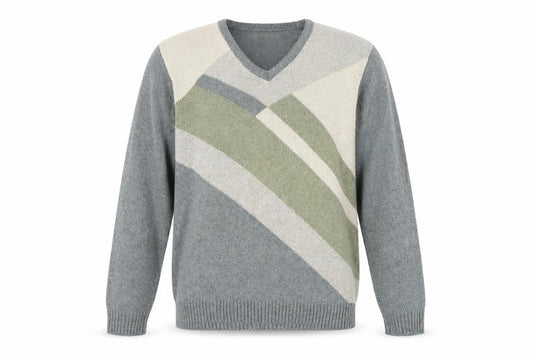 Front view of Essentials Men's Multicoloured V-Neck Pullover, Small