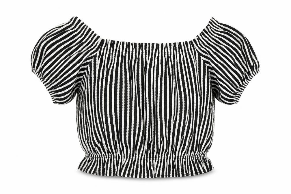 H&M Women's Black Striped Puff Sleeve Cropped Blouse