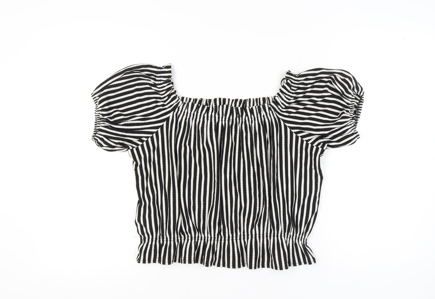 H&M Women's Black Striped Puff Sleeve Cropped Blouse