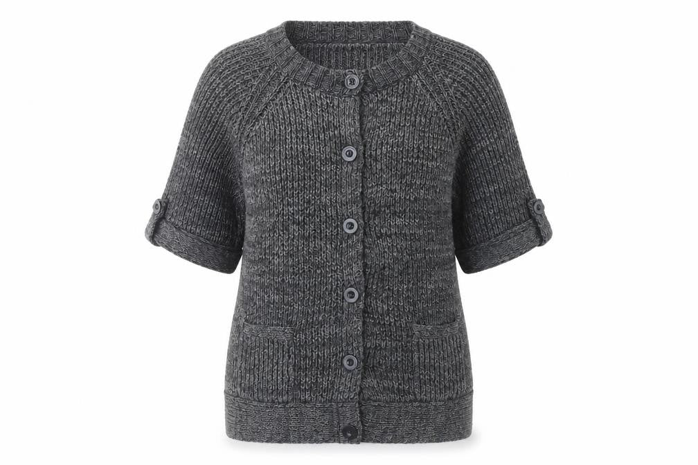Country Casuals Women's Grey 3/4 Sleeve Cardigan, Size L, Casual Chunky-Knit