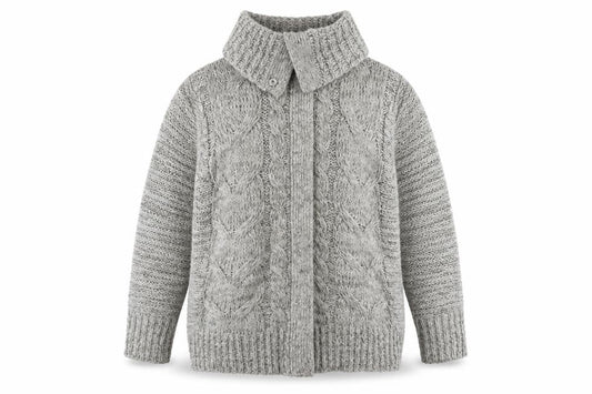 Front view of M&Co Women's Grey Chunky-Knit Cardigan, size L