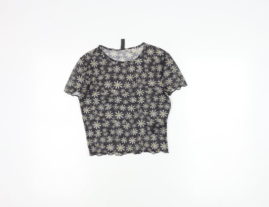 H&M Women’s Black Daisy Print Mesh Cropped T-Shirt