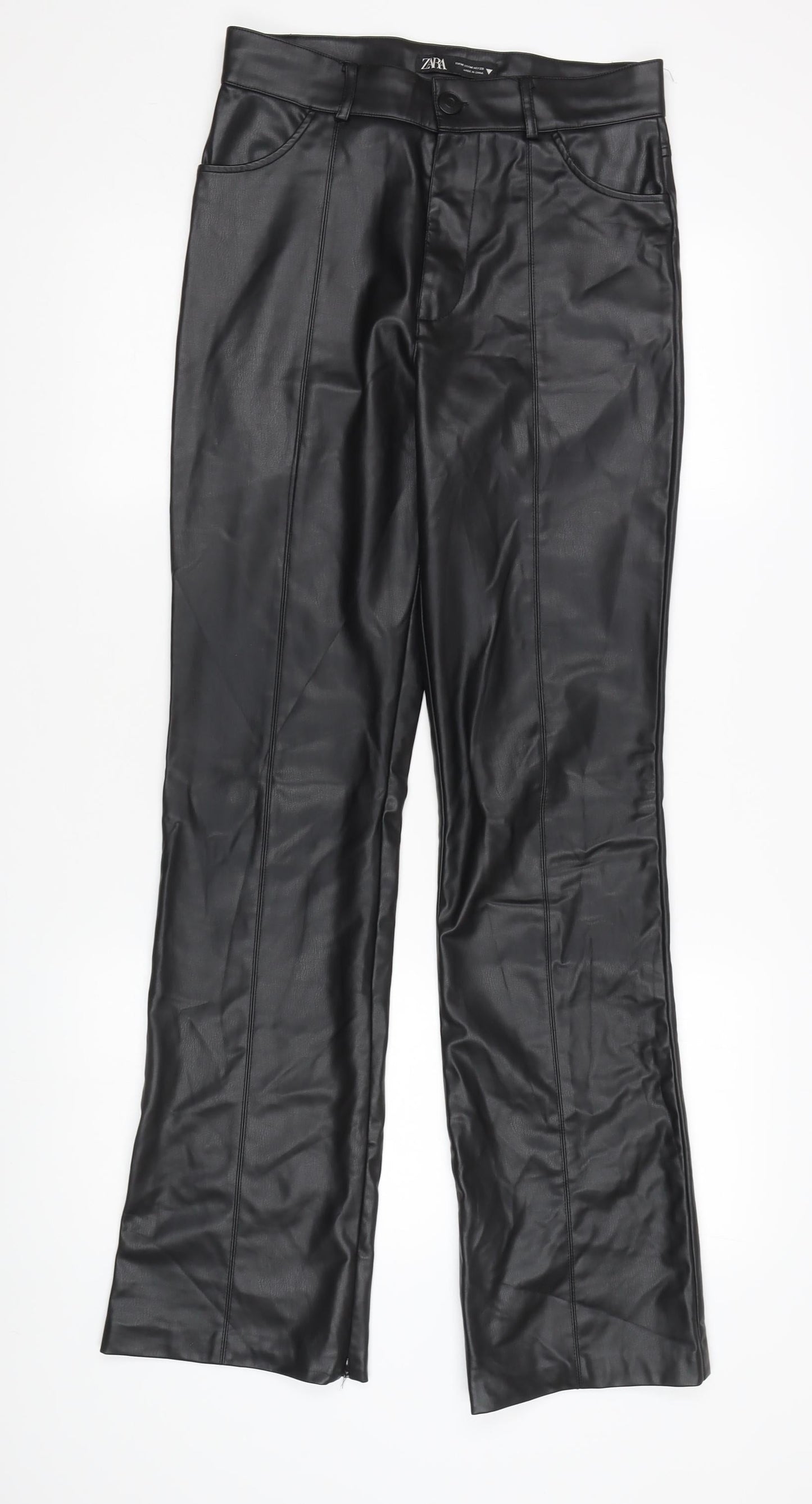 Zara Women's Black Flared Faux Leather Trousers M