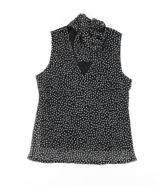 New Look Women's Black Polka Dot Bow Neck Sleeveless Blouse