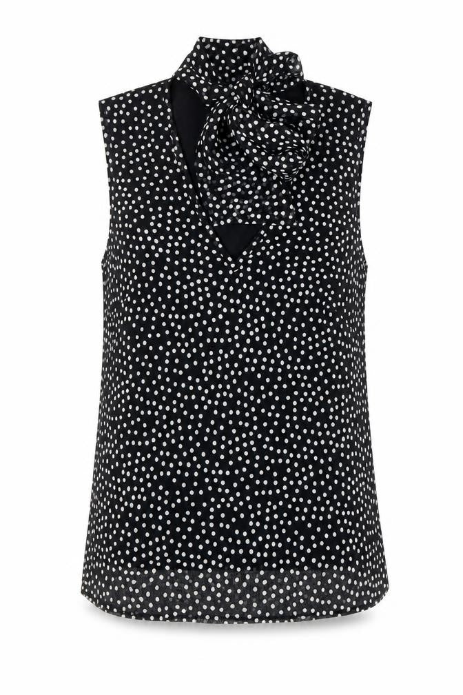 New Look Women's Black Polka Dot Bow Neck Sleeveless Blouse