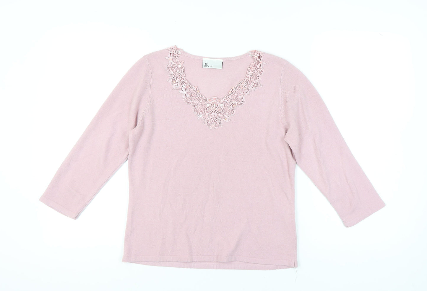 Bhs Women's Pink Pullover Jumper Size 14, V-Neck, 3/4 Sleeve