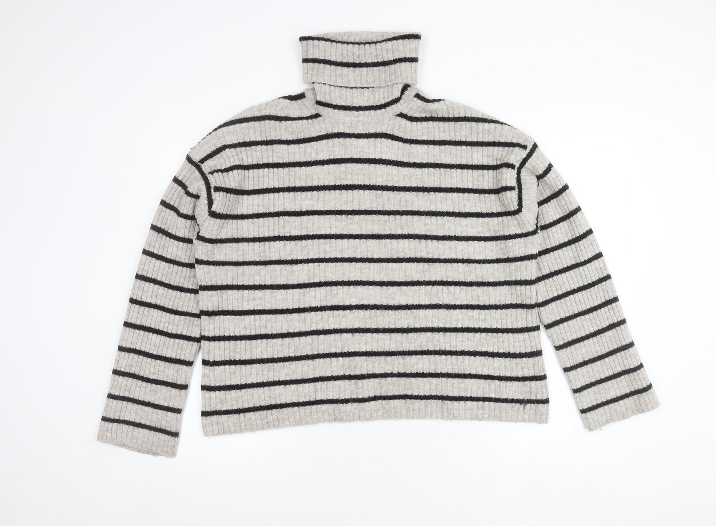 H&M Women's Grey Striped Roll Neck Jumper Size M