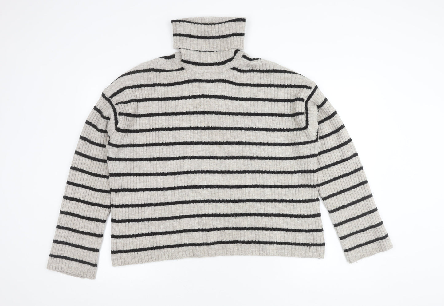 H&M Women's Grey Striped Roll Neck Jumper Size M