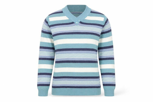 Front view of Isle Women's Blue Striped Wool jumper M
