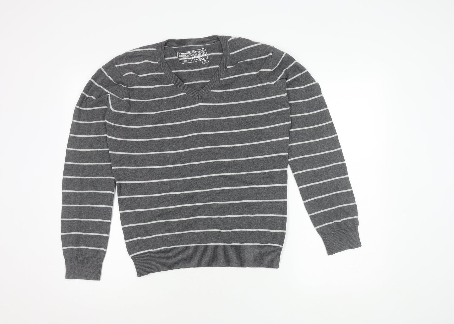 Women's Grey Striped V-Neck Pullover Jumper - S