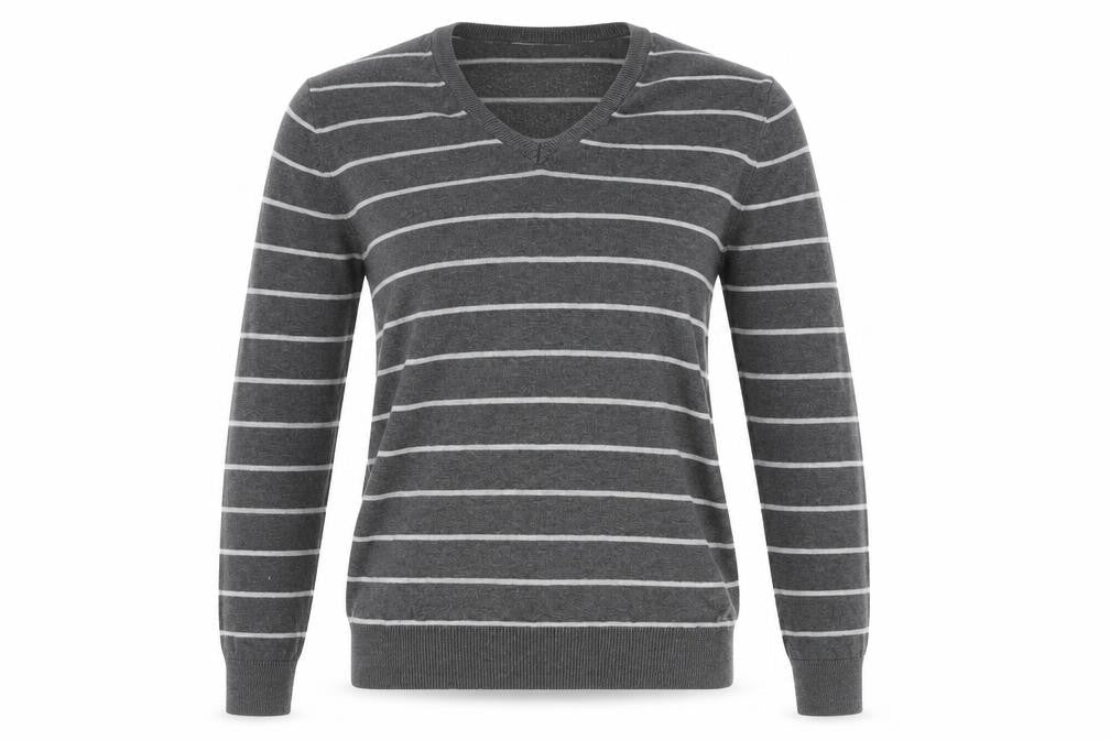 Women's Grey Striped V-Neck Pullover Jumper - S