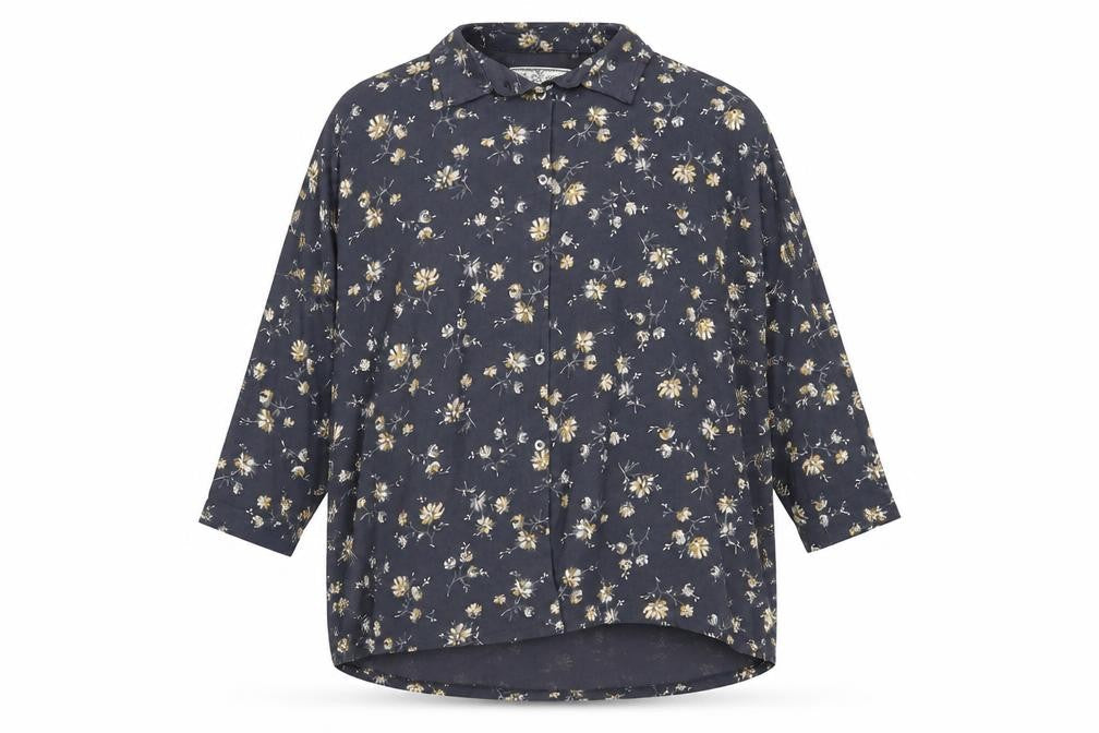 FatFace Women's Blue Floral Button-Up 3/4 Sleeve Top