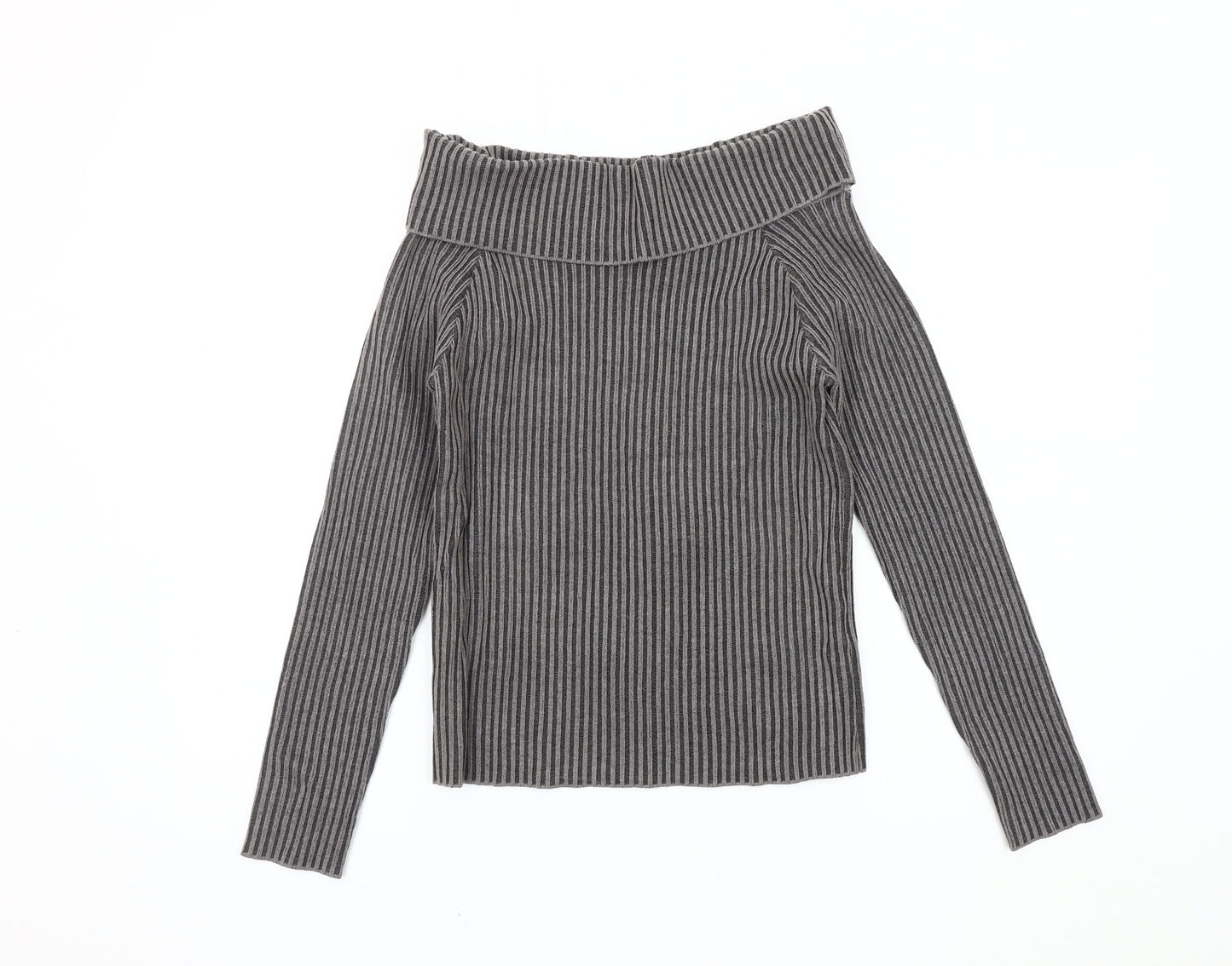 Pink Vanilla Women's Grey Cowl Neck Striped Jumper M