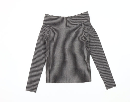 Pink Vanilla Women's Grey Cowl Neck Striped Jumper M