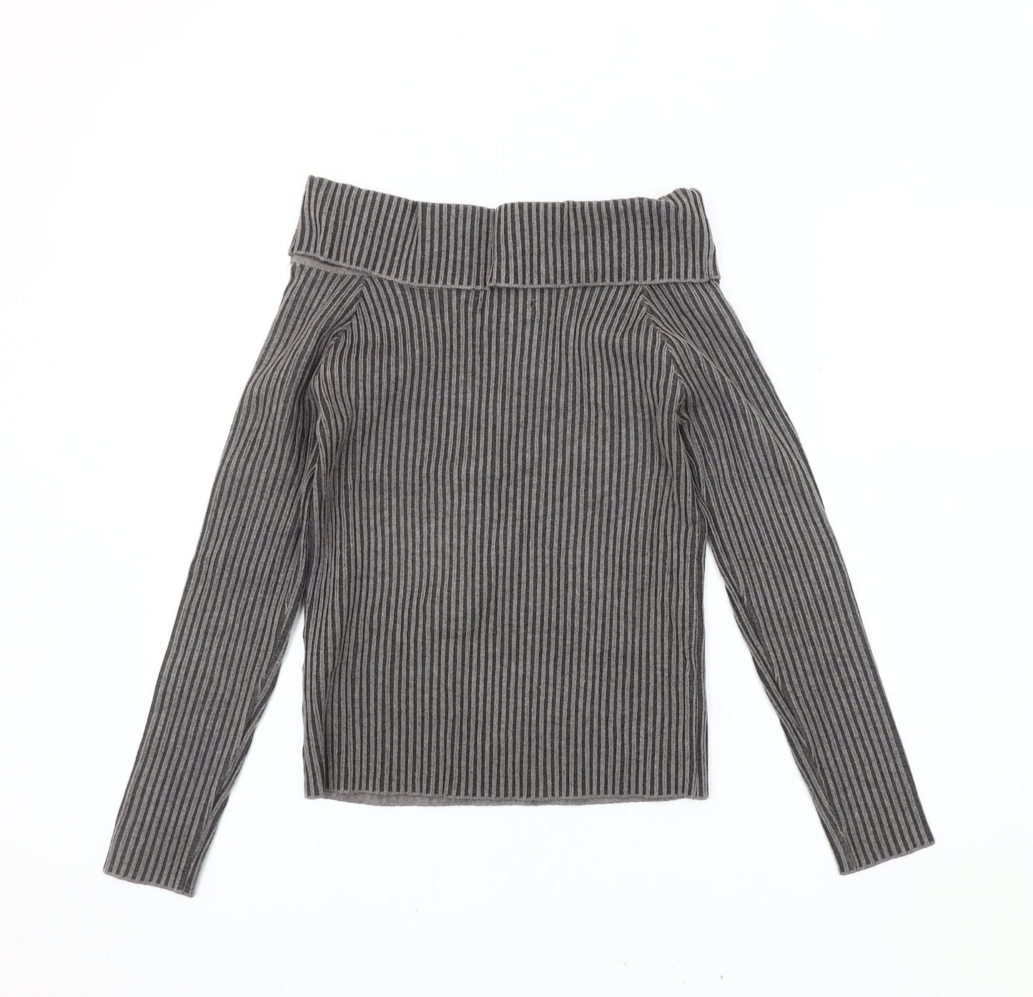 Pink Vanilla Women's Grey Cowl Neck Striped Jumper M