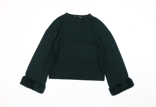 Zara Women Green Pullover Fur Trim Jumper Size 2XS