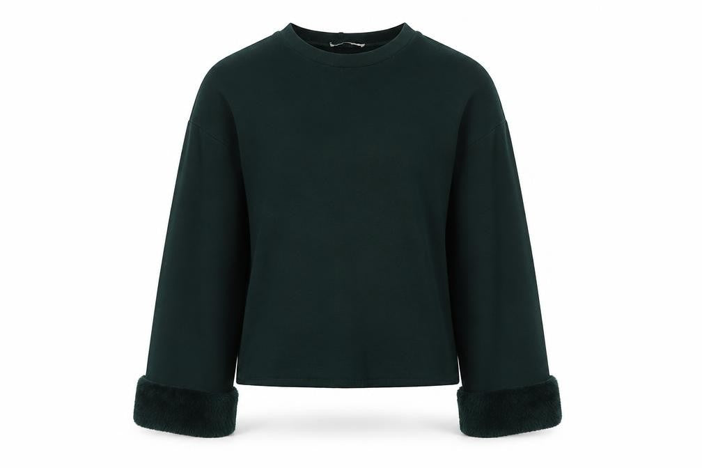 Zara Women Green Pullover Fur Trim Jumper Size 2XS