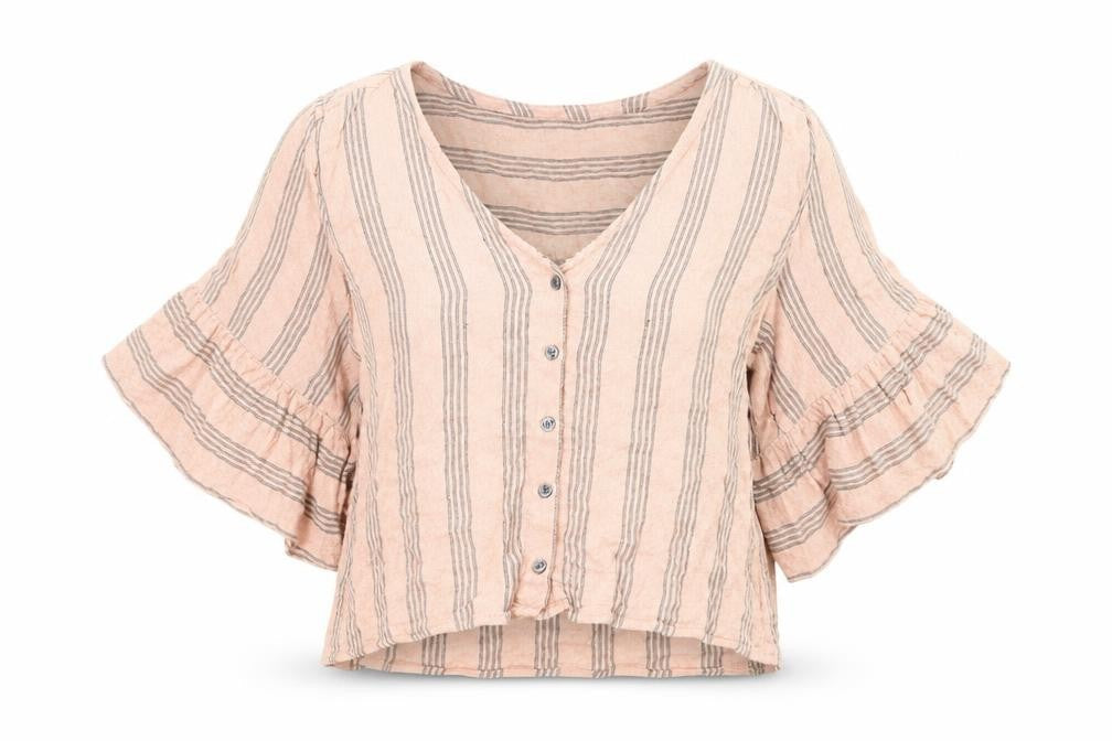 American Eagle Womens Pink Striped Blouse, M, V-Neck, Flared Sleeve