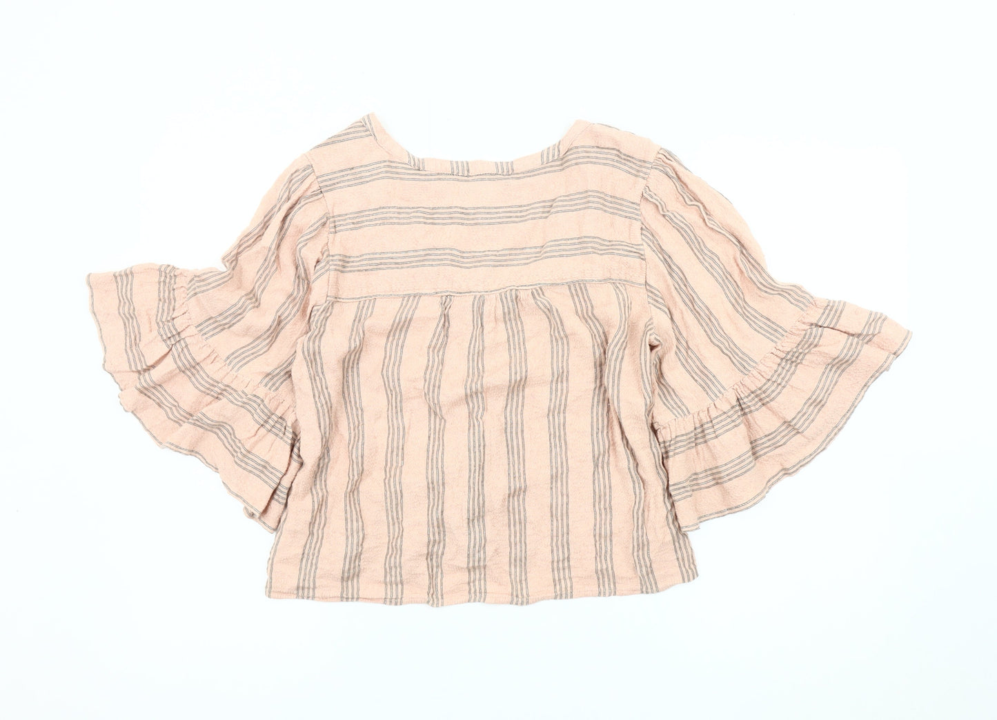 American Eagle Womens Pink Striped Blouse, M, V-Neck, Flared Sleeve