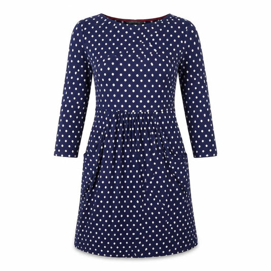 Front view of Laura Ashley Women's Blue Polka Dot A-Line Dress