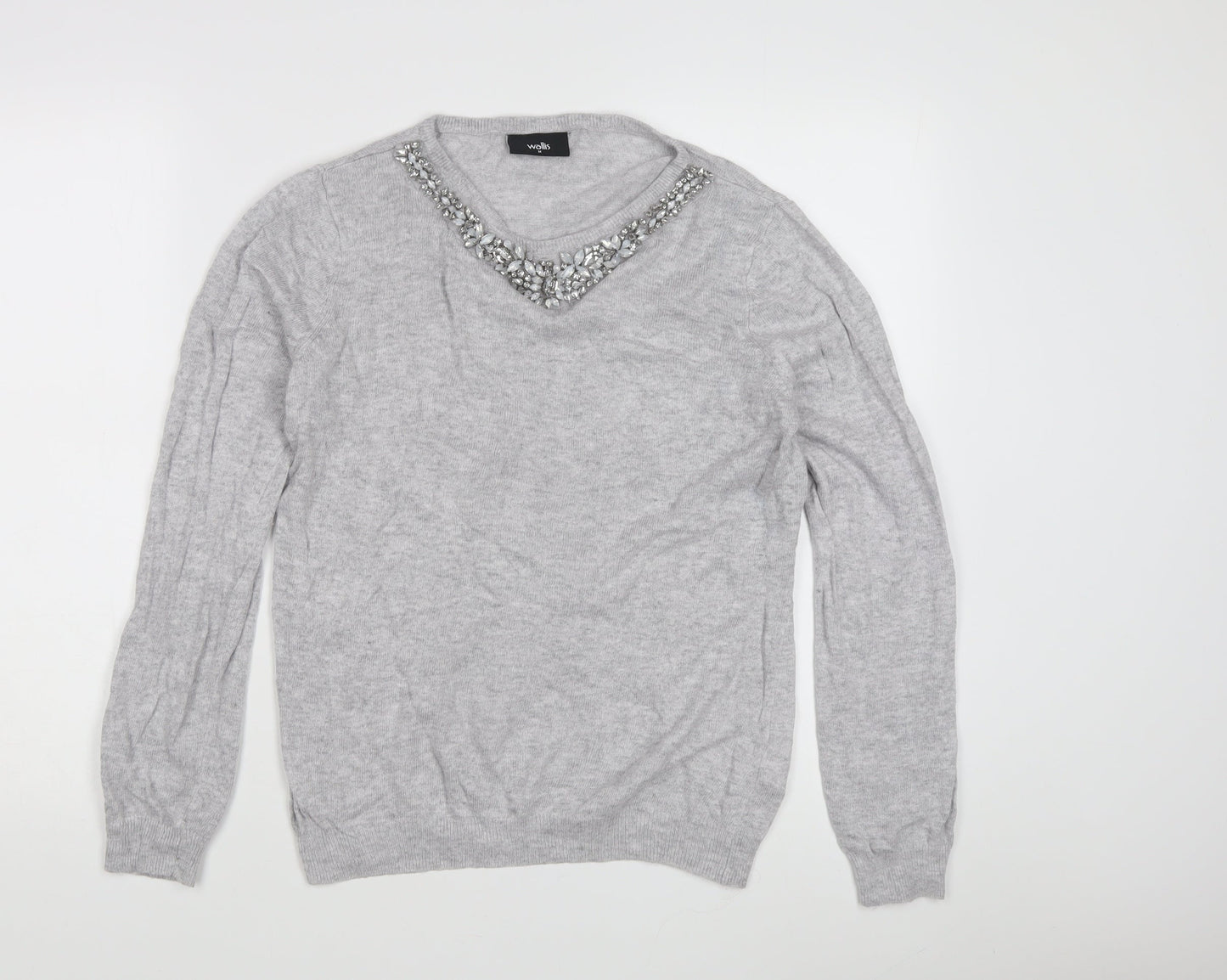 Wallis Women's Grey Jewel V-Neck Pullover Jumper M