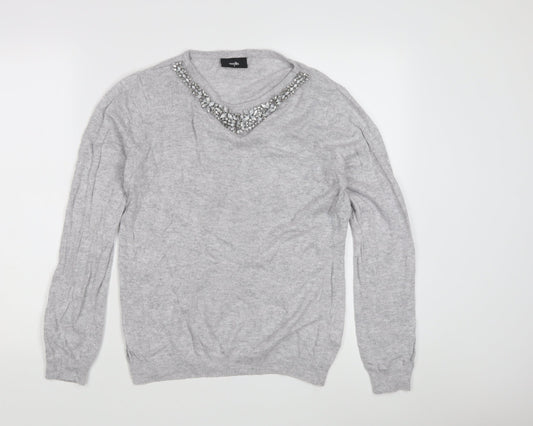 Wallis Women's Grey Jewel V-Neck Pullover Jumper M