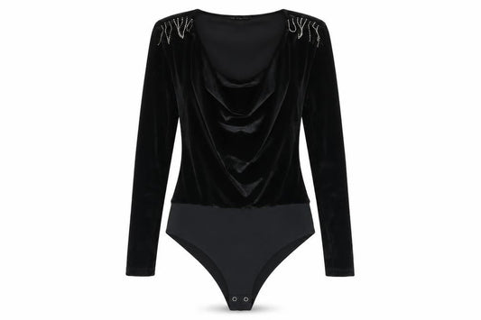 Front view of Zara Women’s Black S Velvet Bodysuit Beaded Detail