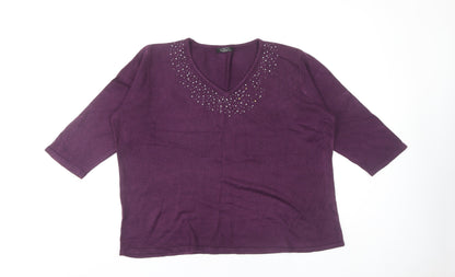 Bonmarché Women's Purple V-Neck Pullover Jumper XL