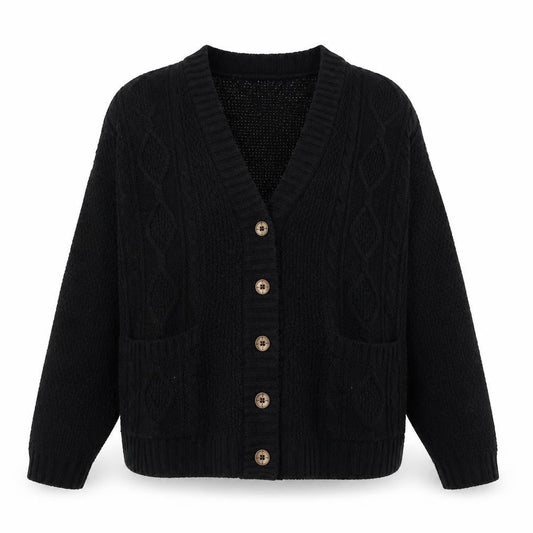 Front view of Boohoo Women's Black Cable-Knit Cardigan, size S