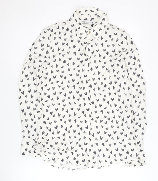 Zara Women's White Hearts Print Button-Up XS