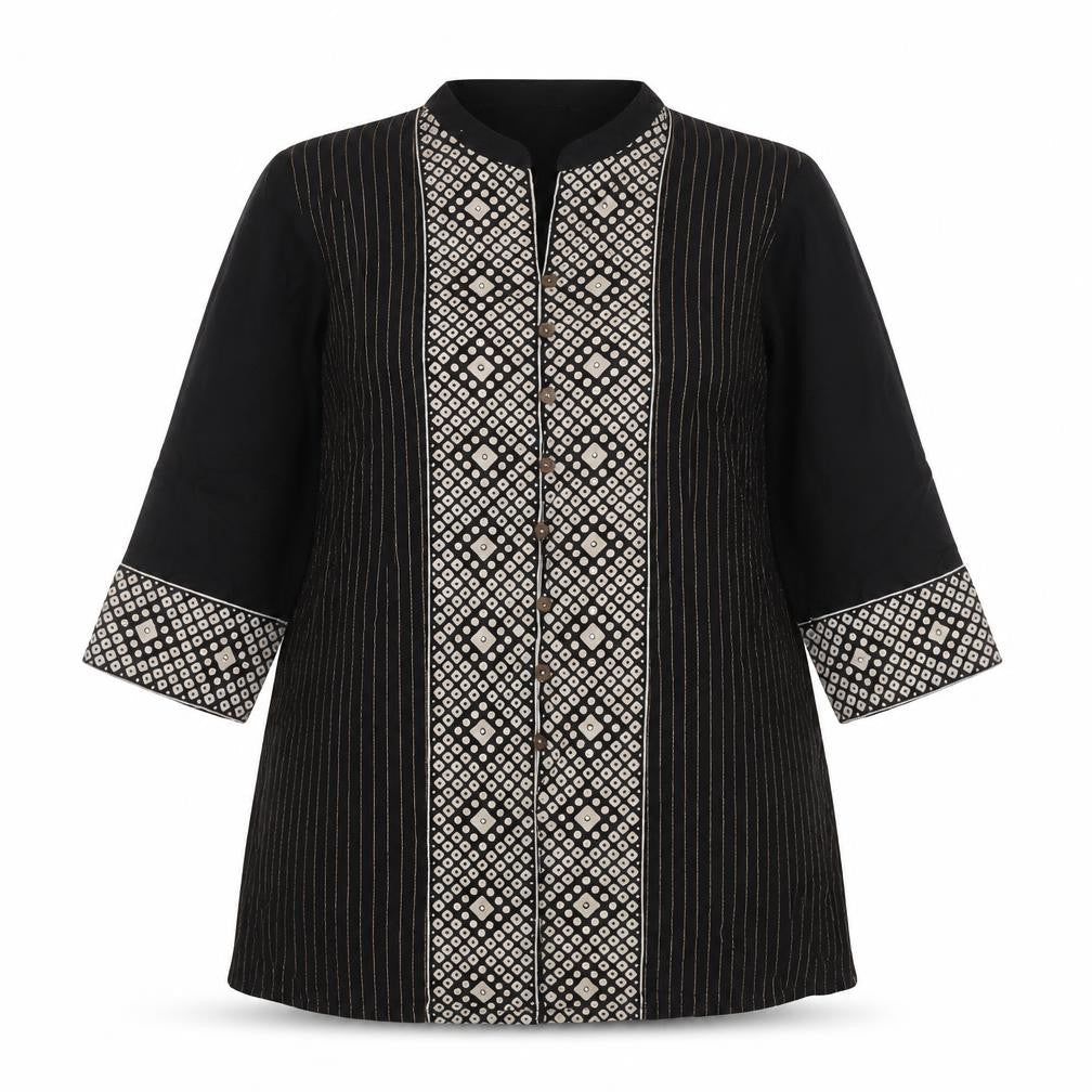 Akritii Women's Black Tunic Blouse XL, 3/4 Sleeve Boho