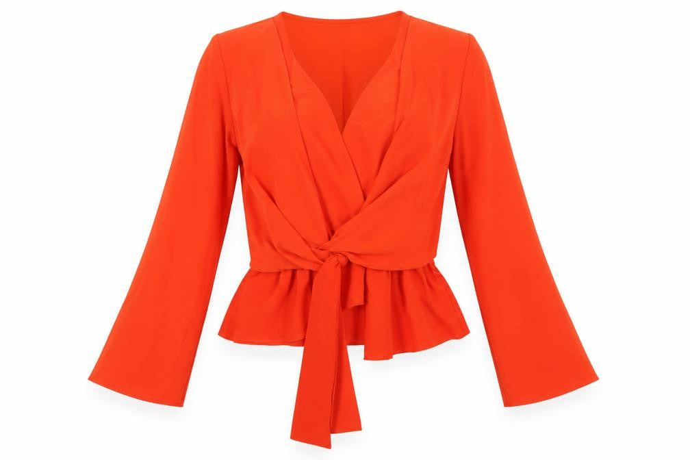 Topshop Women's Orange Wrap Blouse, Size 6, V-Neck, Bell Sleeve