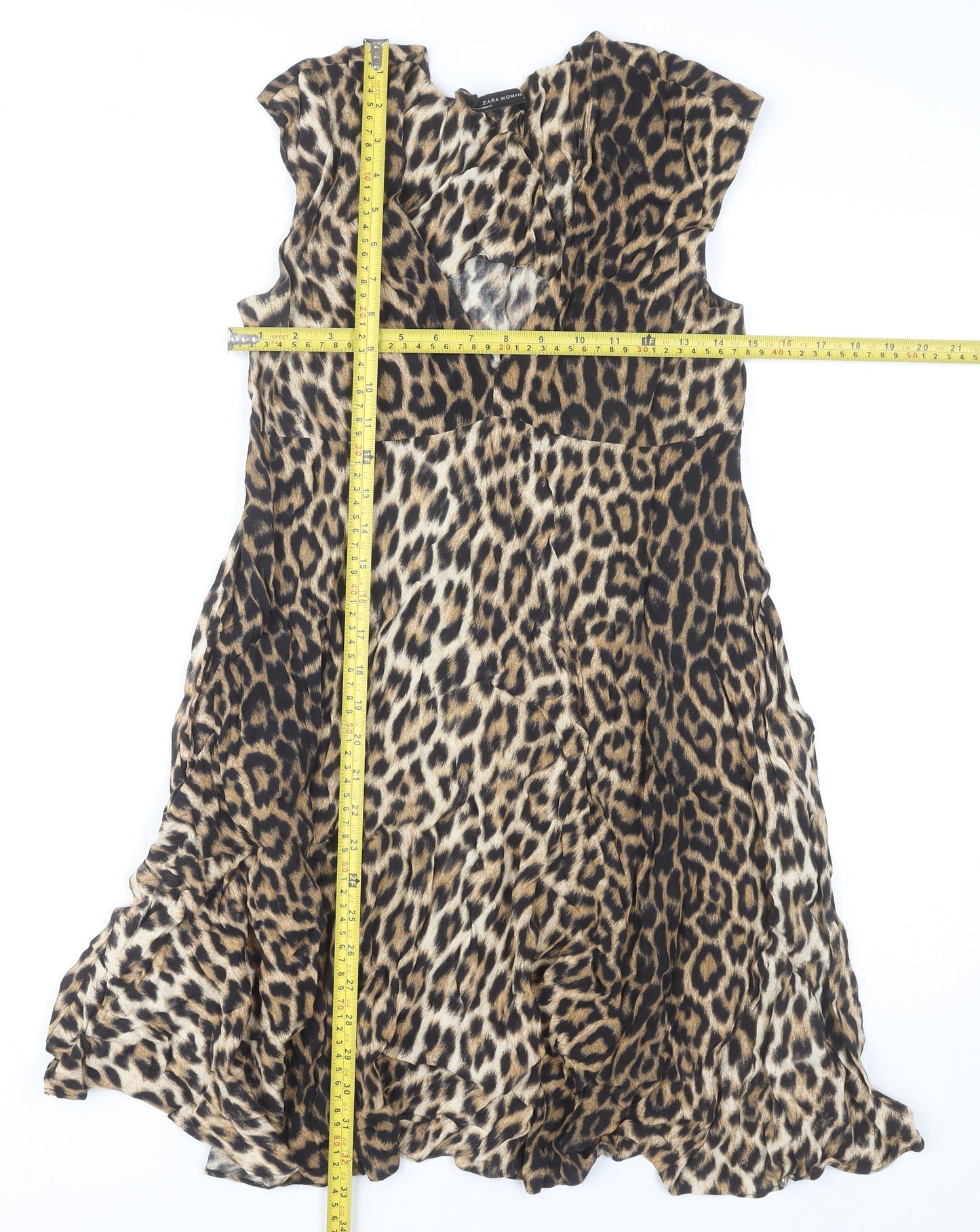 Zara Woman Leopard Print Sleeveless V-Neck Dress Multicoloured XS