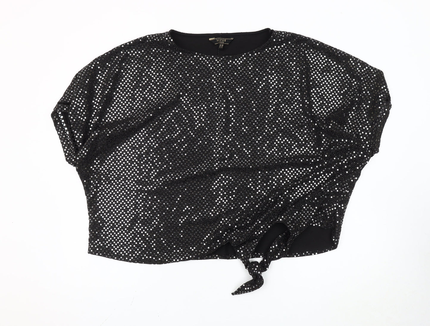 Lipsy Women’s Black Sequin Cropped Tie-Front T-Shirt Size 20 Party