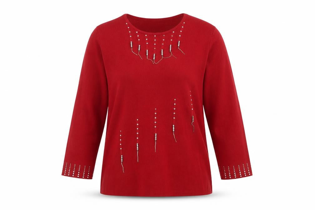 Stephen Women Red M Pullover Round Neck Beaded Knit Jumper