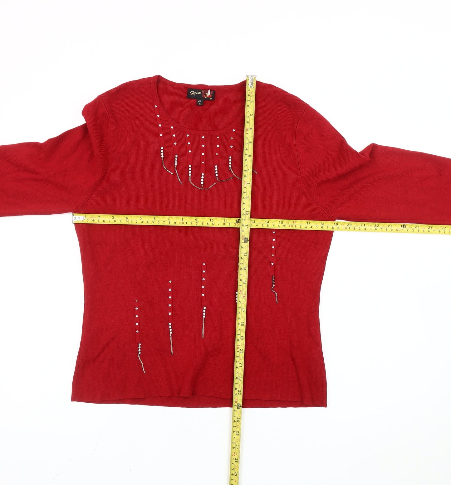 Stephen Women Red M Pullover Round Neck Beaded Knit Jumper