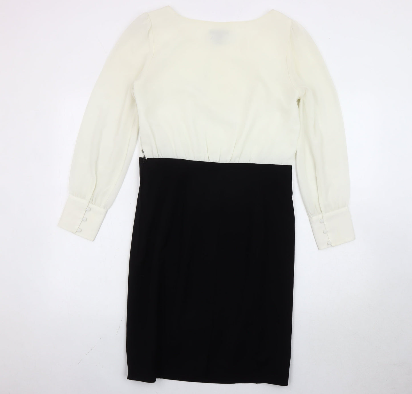 H&M Women’s Black White Sheath Dress Size 10 Knee Length Long Sleeve