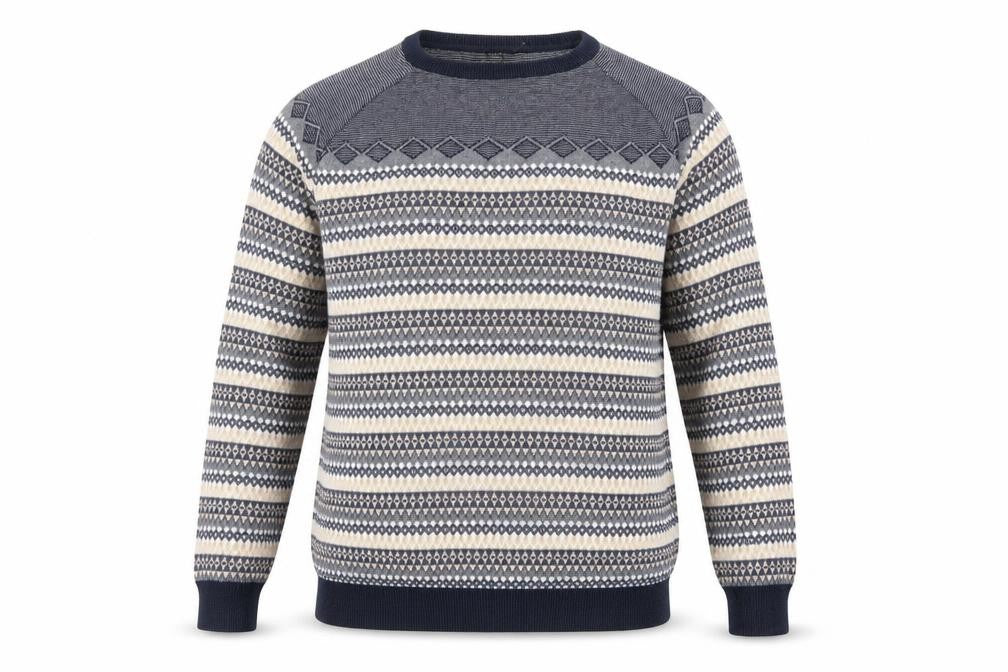 Broken Standard Men's Blue Fair Isle Cotton Crew Neck Jumper L