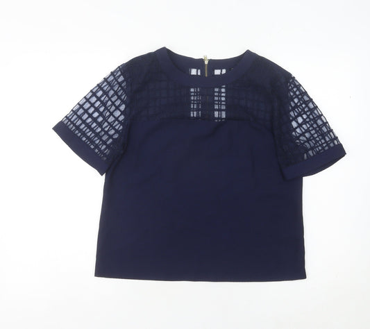 Warehouse Women Blue Size 12 Lace Detail Short Sleeve Blouse
