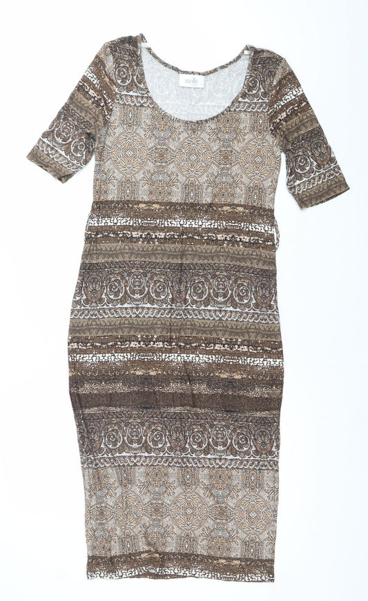 Wallis Women Brown Geometric Bodycon Dress Size 10 Knee Length