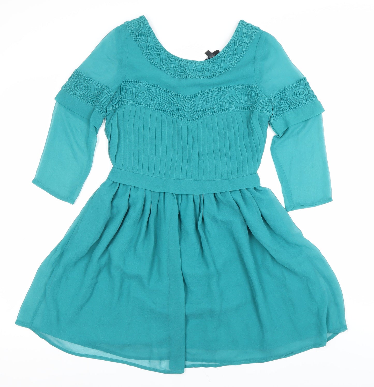 Topshop Women Green Size 8 Fit & Flare Embroidered Party Dress