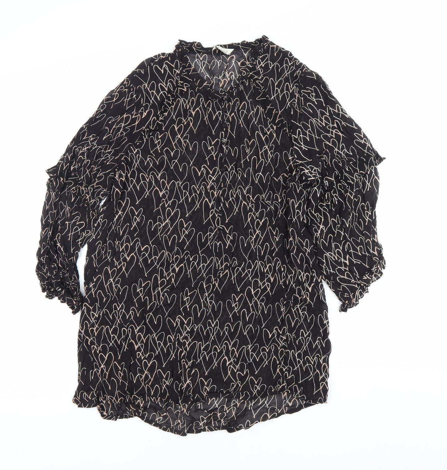Monsoon Women Black Heart Print Tunic Blouse Size 10 Long Sleeve