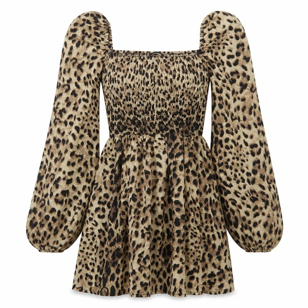 PRETTYLITTLETHING Women’s Brown Leopard Mini Dress Size 2 Puff Sleeve